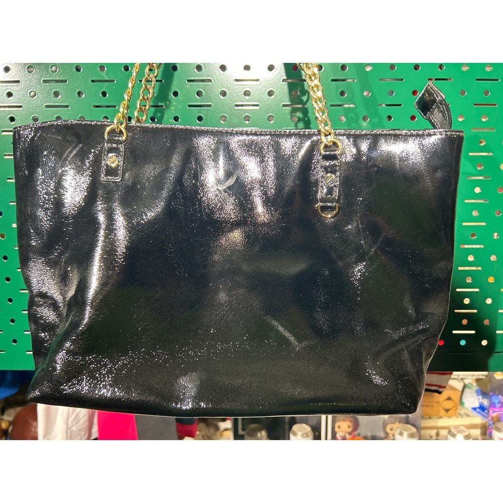 Michael Kors Black Patent Leather Tote Bag Gold Chain Shoulder Bag Zippered Top - Picture 2 of 9